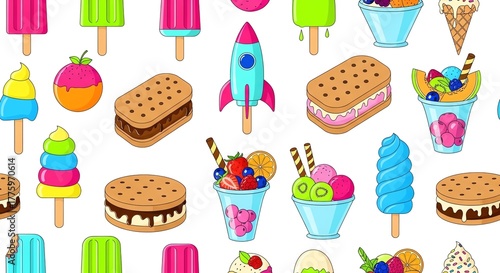 Whimsical Summer Treats: A Vibrant Cartoon Pattern of Ice Cream, Popsicles, and Sweet Delights