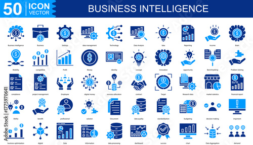 Business Intelligence icon collection set. Containing data management, Technology, Data Analysis, Idea, Reporting, Income icon