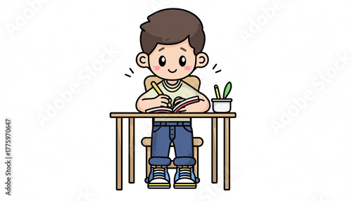 Illustration of a Boy Writing at a Desk