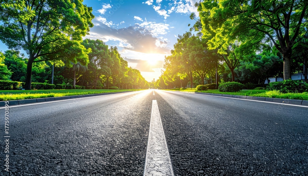 Fototapeta premium Straight Asphalt Road Lined With Lush Green Trees Under a Bright Sunny Sky With Clouds
