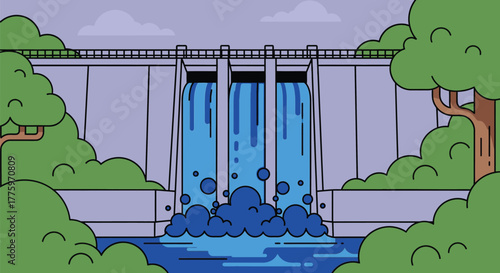 Cartoon dam illustration with water flowing and trees around it editable vector