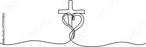 Christian Cross with Heart Continuous Line Drawing  Minimal Faith, Love, and Sacrifice Vector