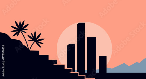 Serene sunset over a coastal cityscape with silhouette palm trees and stairs leading down.