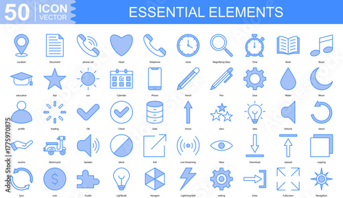 Essential Elements icon collection set. Containing Location, Document, phone call, Heart, Telephone, clock icon