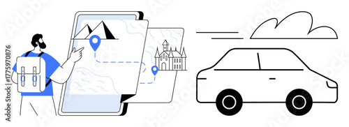 Backpacker checking virtual map of cultural sites with a driving route. Ideal for travel, navigation, tourism, exploration, road trip, trip planning, adventure. Flat and simple metaphor