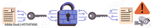 Central digital padlock with binary code, interconnected by keys to documents, warning sign, and camera. Ideal for cybersecurity, encryption, data security, access control, technology network