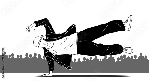 Dynamic dancer performs a powerful breakdance move on stage in front of a cheering crowd.