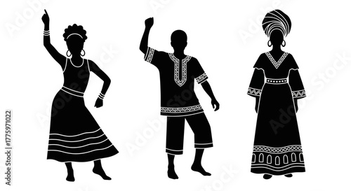 Silhouettes of three people in traditional African attire dancing joyfully