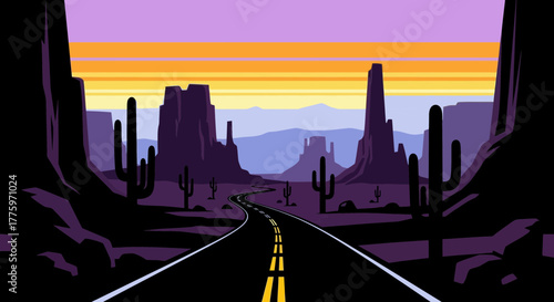 Winding desert highway stretches towards a vibrant sunset over majestic rock formations and cacti.