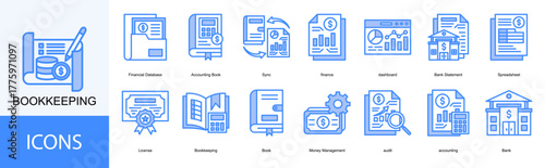 Bookkeeping icon collection set. Containing Financial Database, Accounting Book, Sync, finance, dashboard, Bank Statement icon