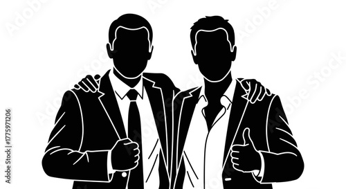Two men in suits showing friendship and support with a thumbs up gesture.