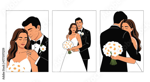Wedding illustration of a happy couple in love marriage celebration editable vector