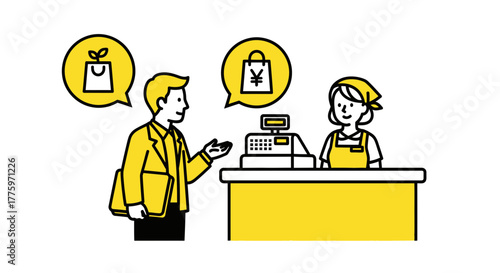 Customer interacts with cashier at checkout counter, thinking about shopping bags and currency.