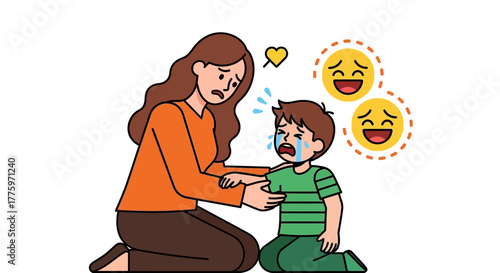 Caring mother comforts her upset child, offering reassurance and love.