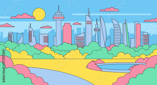Vibrant cartoon cityscape with modern buildings and lush green parkland under a sunny sky.