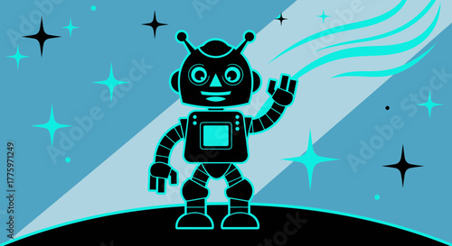 Friendly cartoon robot waving hello with glowing accents and starry background