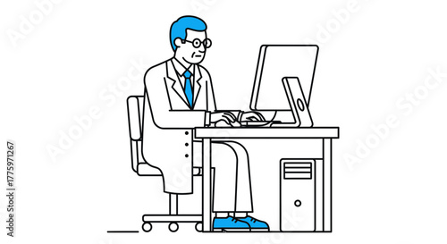 Serious scientist in lab coat working intently on computer at desk