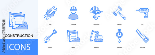 CONSTRUCTION icon collection set. Containing Tools, Employee, Hammer, drill, Shovel icon