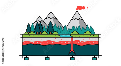 Cross-section illustration of a volcano erupting with magma flowing beneath mountains and forest.