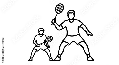 Two people playing badminton, one taller than the other, in a dynamic pose.