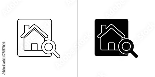 Outline and solid icons of a house with a magnifying glass