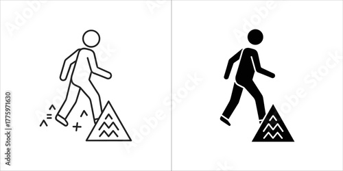 Outline and solid black icon of a person stepping over a triangular obstacle, symbolizing overcoming challenges or progress