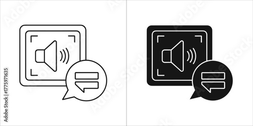 Outline and solid black icon of a speaker symbol within a frame, accompanied by a speech bubble, representing audio or sound communication