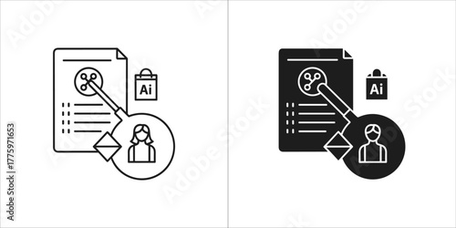 Document analysis icon with magnifying glass, ai symbol, and person silhouette