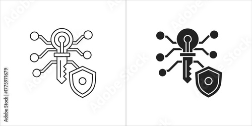 Digital security key and shield icon with network connections