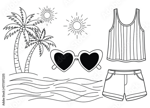 Hand-drawn summer vacation essentials set with palm trees and beachwear