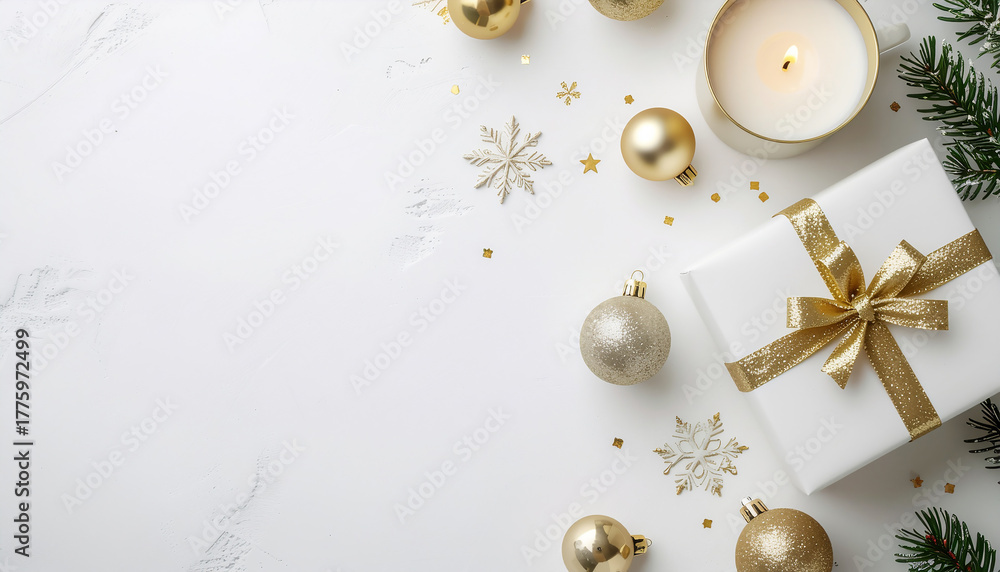 Fototapeta premium Elegant Holiday Flatlay with Candle and Gift Box