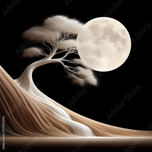 Elegant Tree on Sand Dunes under Full Moon – Minimalist Surreal Landscape
