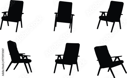 Modern armchair silhouette collection featuring minimalist furniture designs, elegant home decor concepts, and comfortable chair illustrations for interior design and branding.