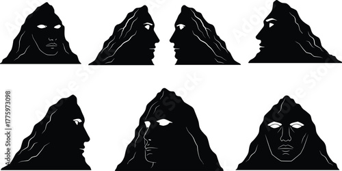 Mountain face silhouettes with human features symbolizing nature spirit, mythology, strength, mystery, and surreal landscape art illustration in black design