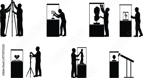 Museum workers installing artwork and sculptures in glass display cases, professional exhibition setup, artifact handling and gallery preparation with careful positioning