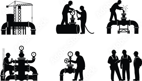 Pipeline construction workers installing and repairing industrial valves, water supply maintenance, oil and gas engineering, infrastructure development, and mechanical system inspection concept