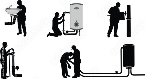 Professional plumbers installing water heater and sink system, pipe fitting, plumbing maintenance, home renovation, industrial repair, construction service and equipment setup.