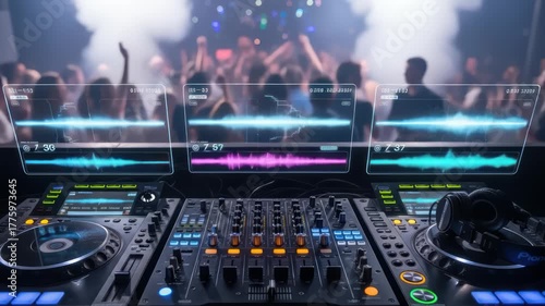 Electronic beats pulsing through the night with a dj mixing live for a vibrant club crowd