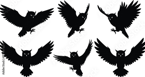 Set of flying owl silhouettes with wings spread wide in various dynamic poses, representing wisdom, mystery, and the beauty of nocturnal nature