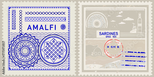 Vintage italian postage stamps featuring amalfi coast and sardines in olive oil