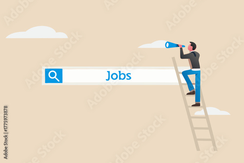 Man climbing ladder to search bar looking for jobs with binoculars