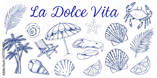 La dolce vita italian phrase with a charming hand drawn beach scene illustration in blue ink