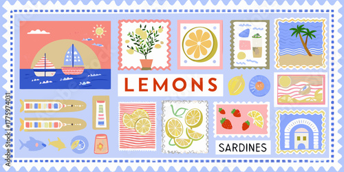 Collection of whimsical illustrated stamps featuring lemons sailboats beach scenes and sardines