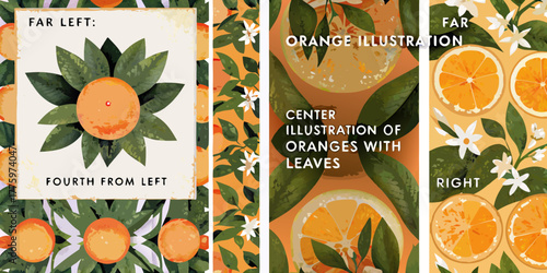 Vibrant citrus grove illustration featuring oranges leaves and blossoms in a stylized pattern