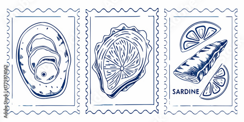 Hand drawn blue ink illustrations of oysters and sardine on postage stamps