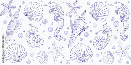 Hand drawn purple line art of seahorses starfish seashells and bubbles on a white background