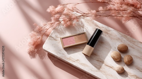 Top-down flat lay of an artisanal chocolate bar mockup on a marble slab, surrounded by cocoa beans, soft window light from left, dried petals, soft pink and beige, balanced composition with ample