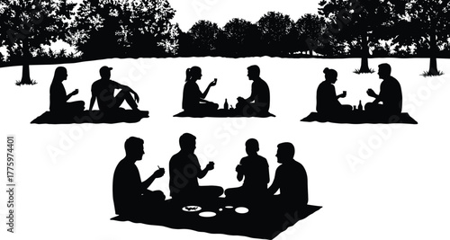 Silhouette group of friends having picnic outdoors, relaxing on grass with food and drinks, leisure lifestyle illustration in nature park