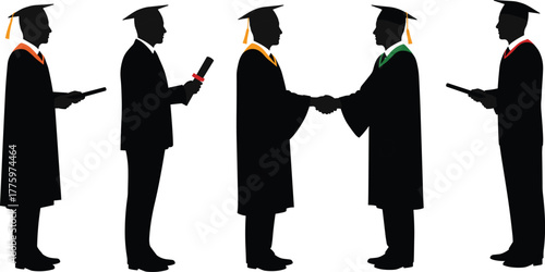 Silhouette illustration of graduates in caps and gowns receiving diplomas and shaking hands during graduation ceremony, education success, achievement, academic celebration