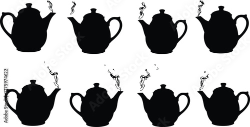 Silhouette illustration of teapots with steam rising, elegant tea kettle collection design symbolizing warmth, comfort, and relaxation in kitchen art